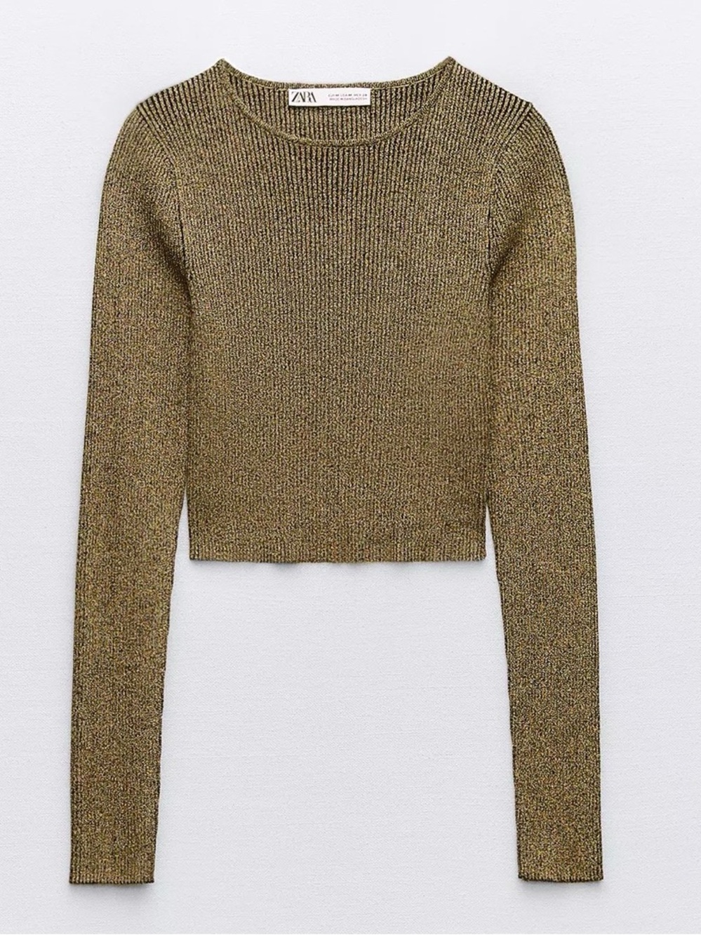 Zara Metallic Ribbed Knit Cropped Sweater Top Gold Black Size M